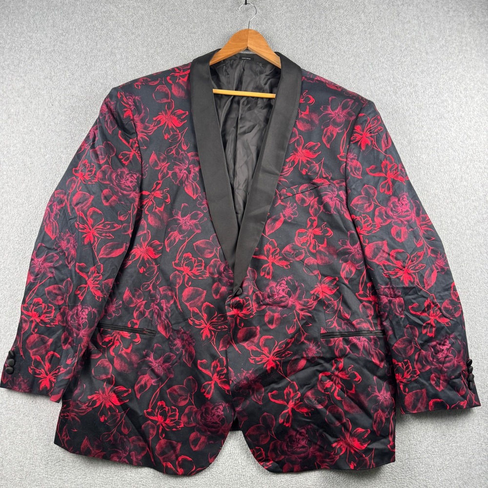 J.Ferrar Tuxedo Jacket Mens 54 BREG Floral Black Red Shawl Lapel Blazer